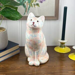 Floral Decoupage Cat Figurine Vintage Paper Mache Kitty Sculpture for Home Decor